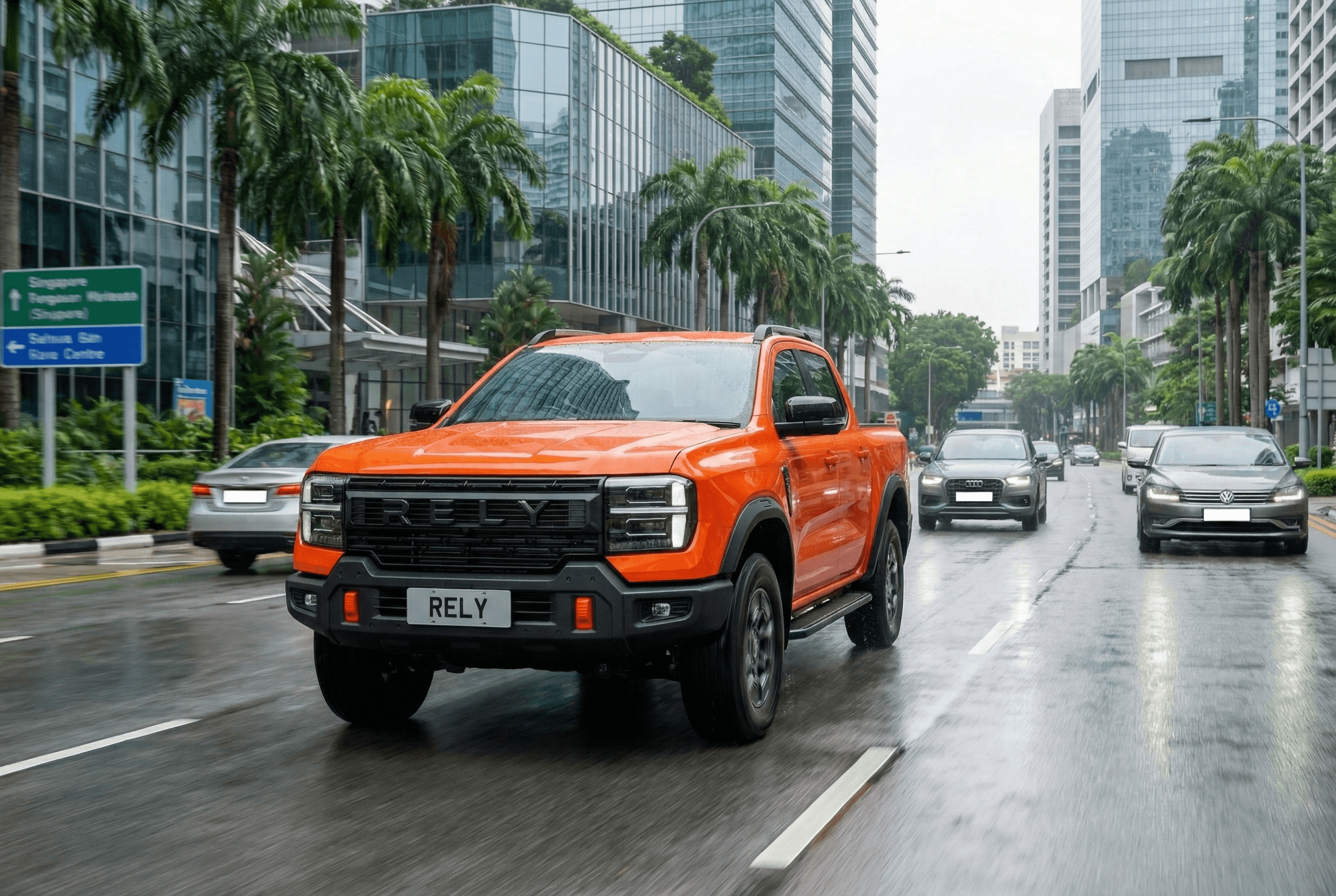 Bright orange 'RELY' pickup truck drives on a wet city street with buildings.