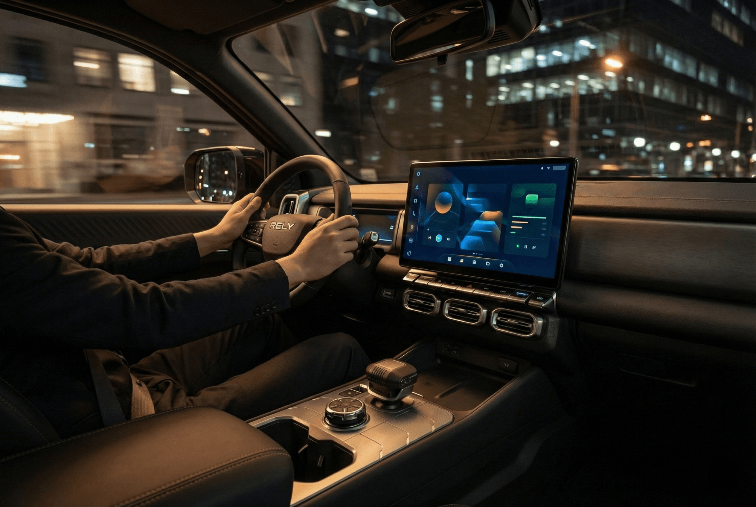 Person driving a modern car at night, digital display showing navigation and car data.