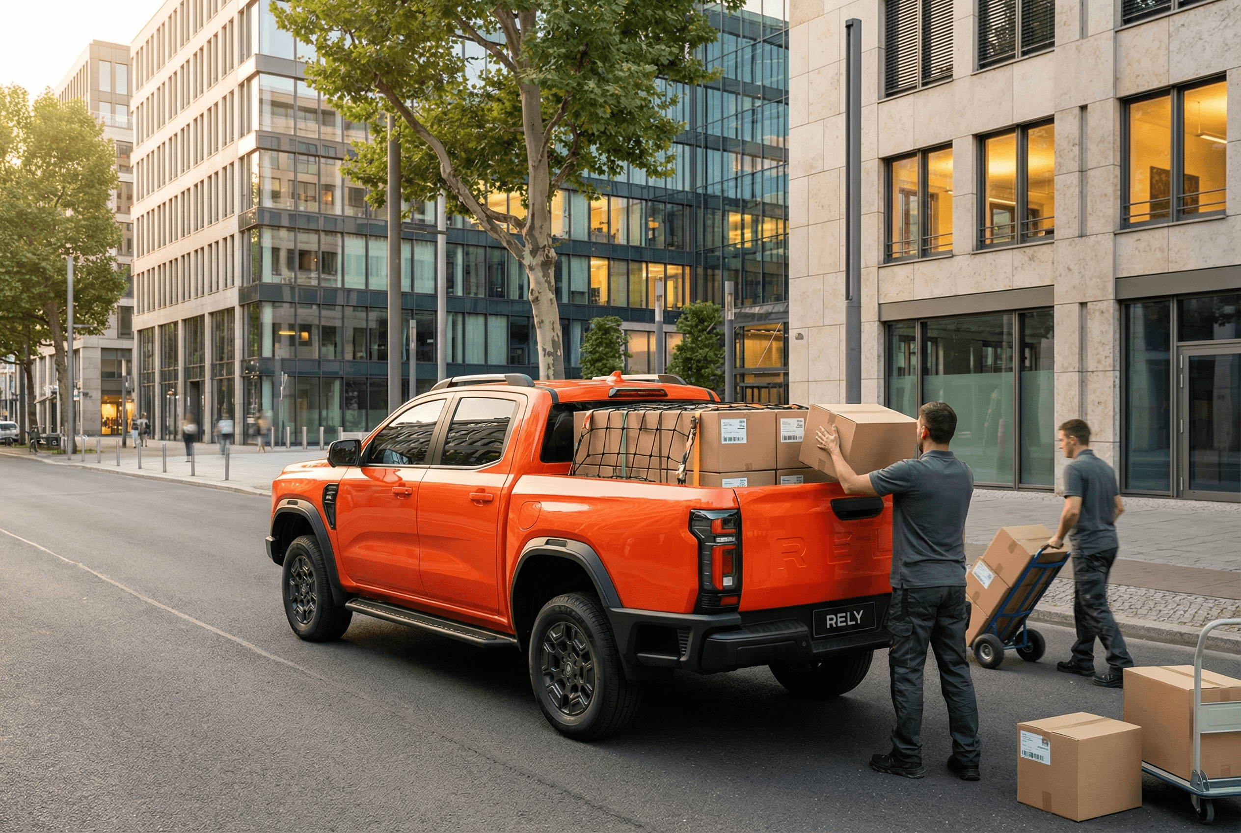 Two men loading cardboard boxes into the bed of an orange pickup truck on a city street.