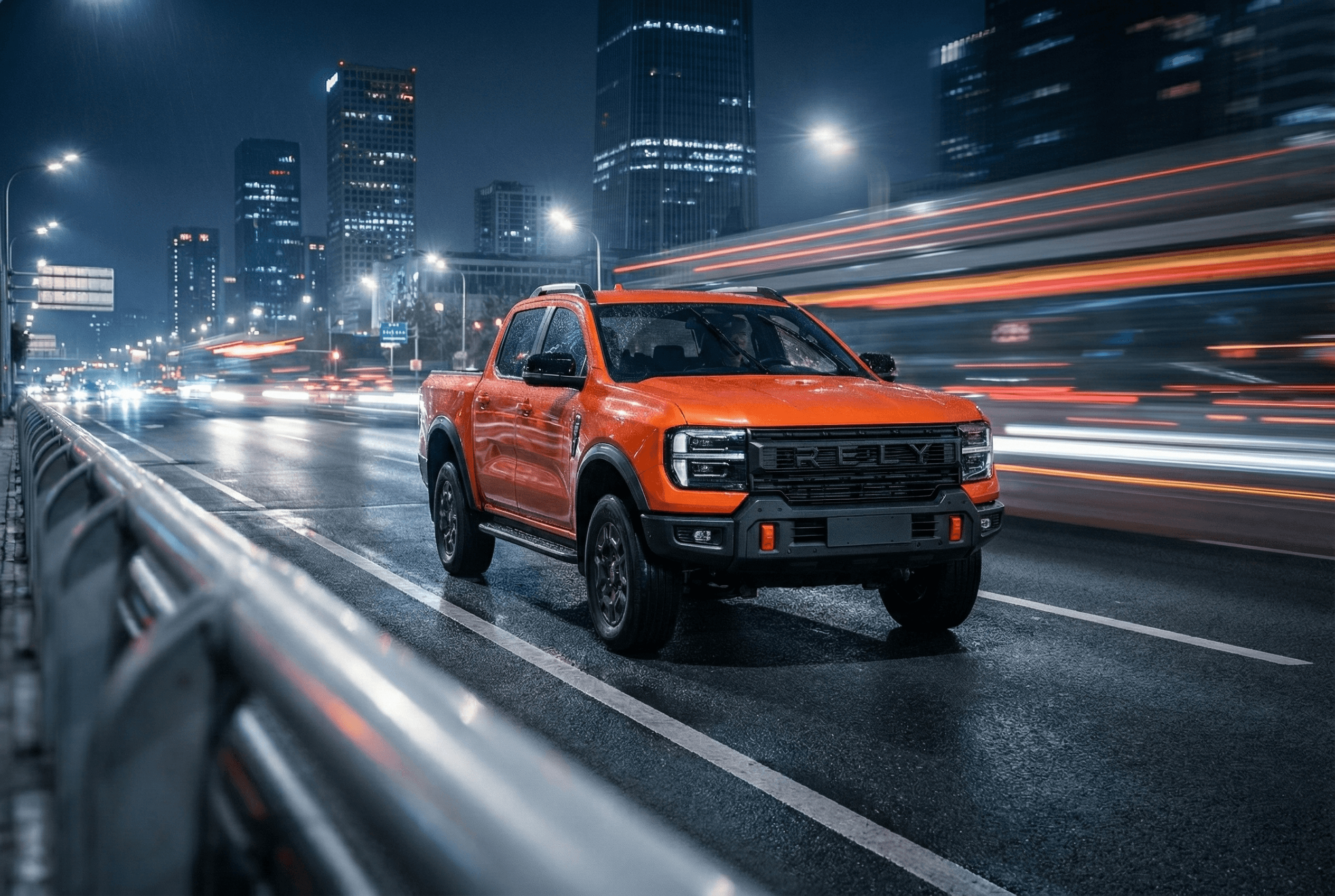 Orange Ford Ranger pickup truck driving on a city street at night, with blurred lights.