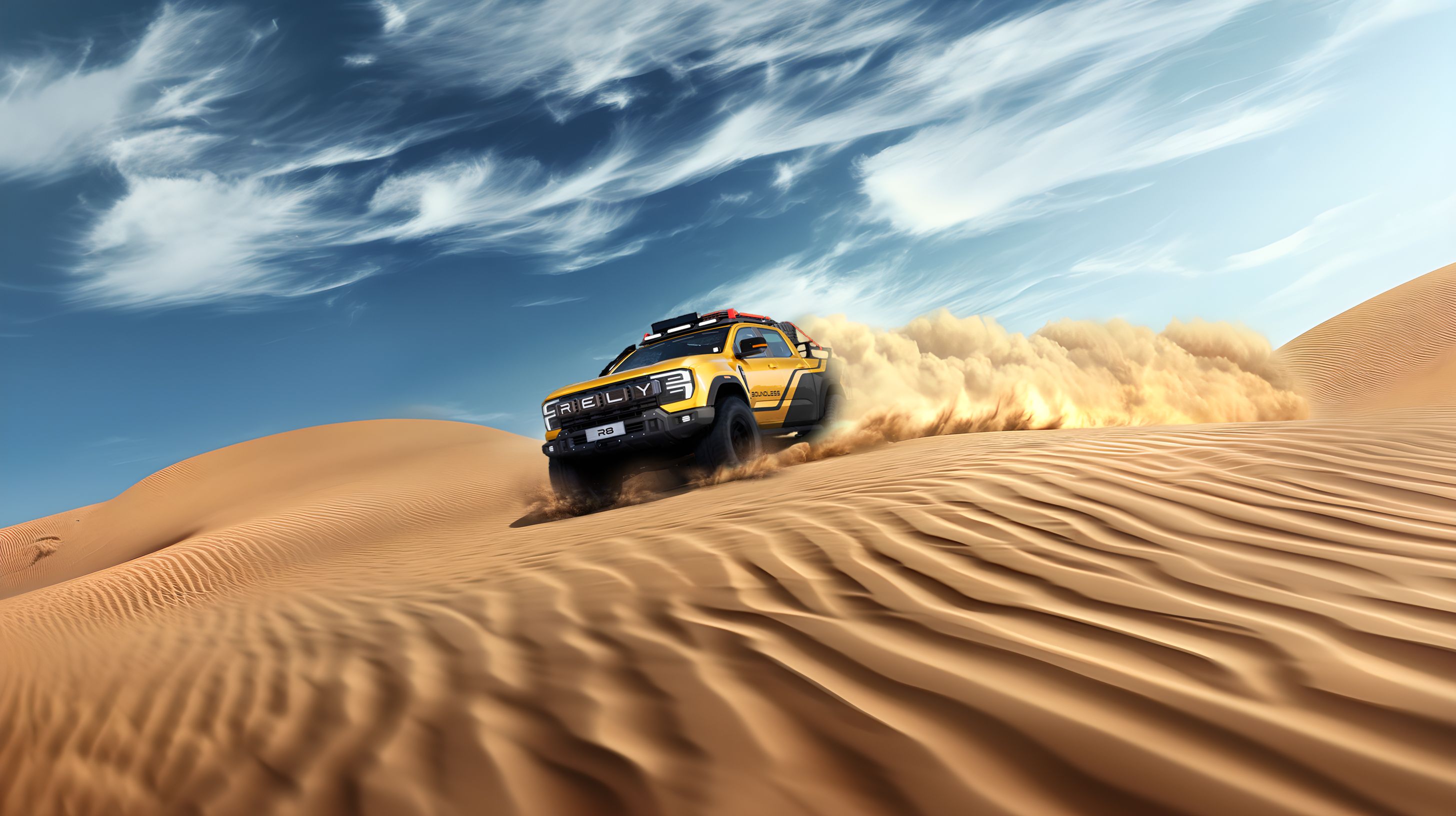 Yellow off-road vehicle drives quickly through desert sand dunes, kicking up dust.