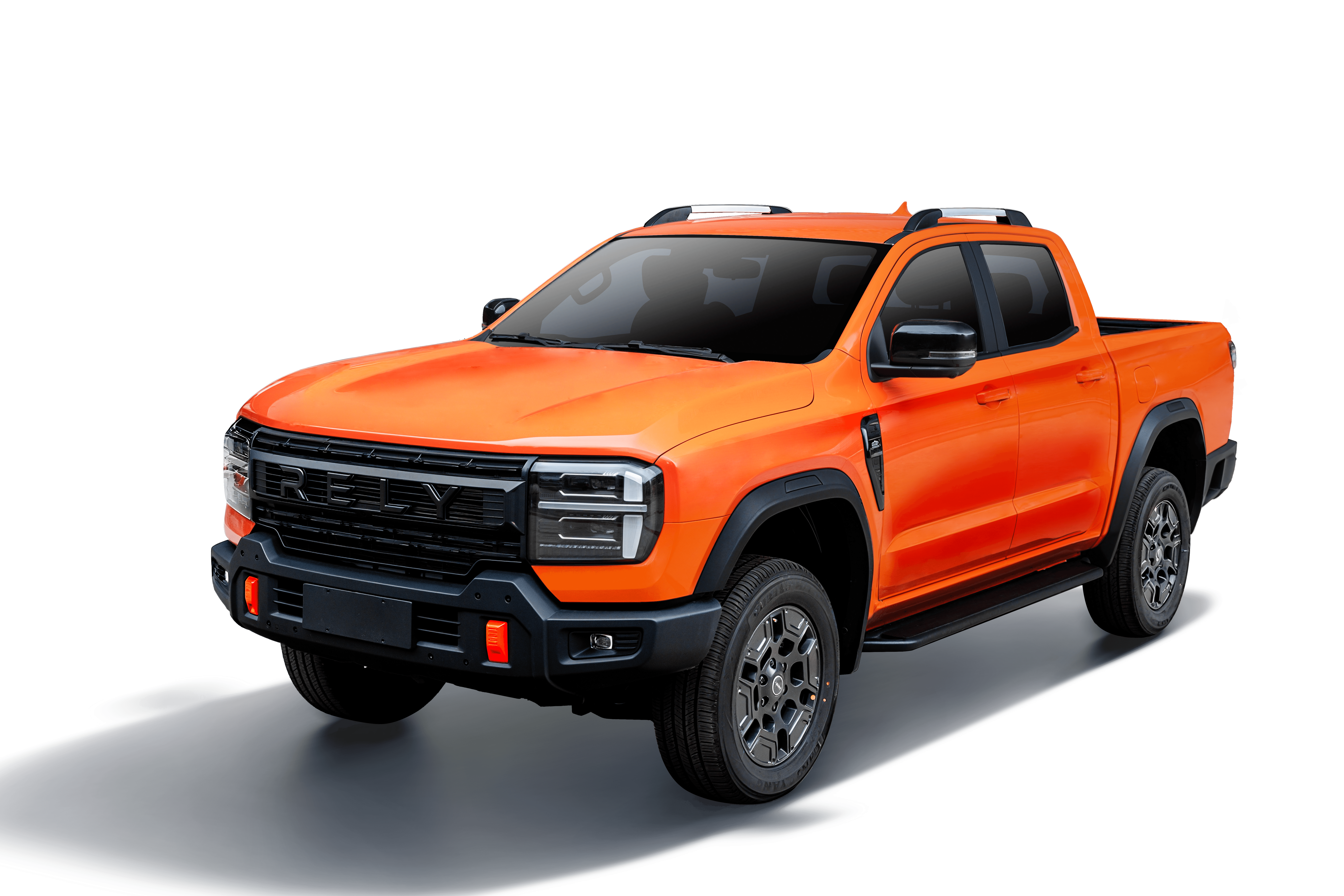 Bright orange modern pickup truck with roof racks on a black background.