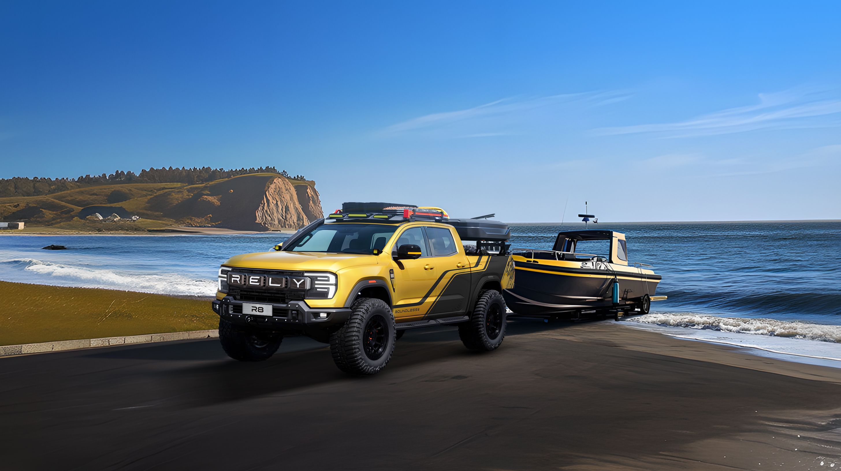 Yellow off-road pickup truck towing a boat down a ramp to a scenic ocean beach.