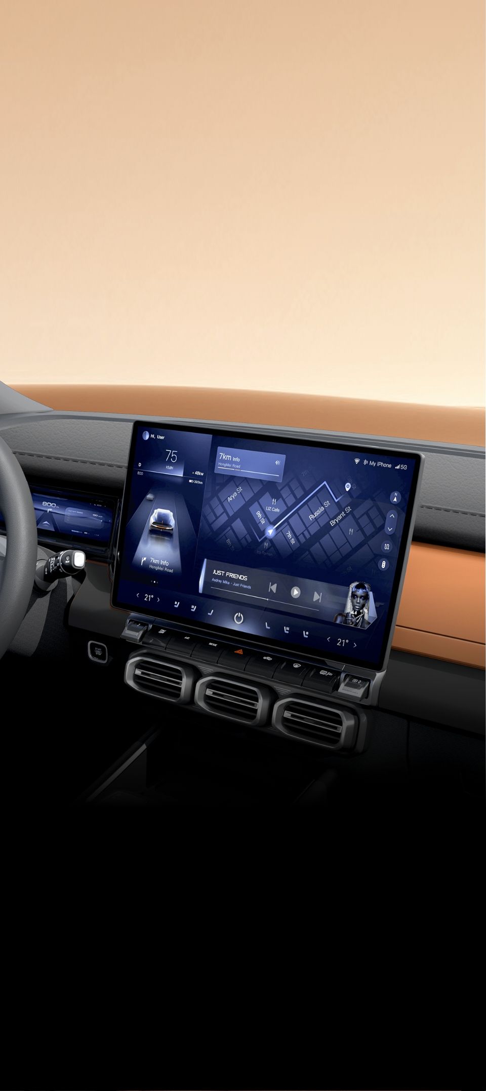 Modern car interior featuring a large digital infotainment screen displaying navigation and media controls.