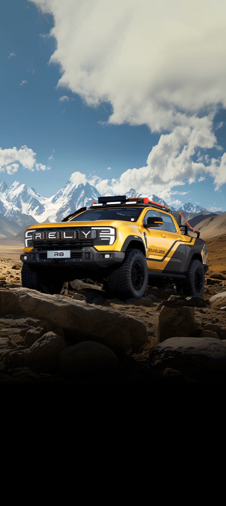 A bright yellow off-road pickup truck navigates rocky terrain under a cloudy mountain sky.