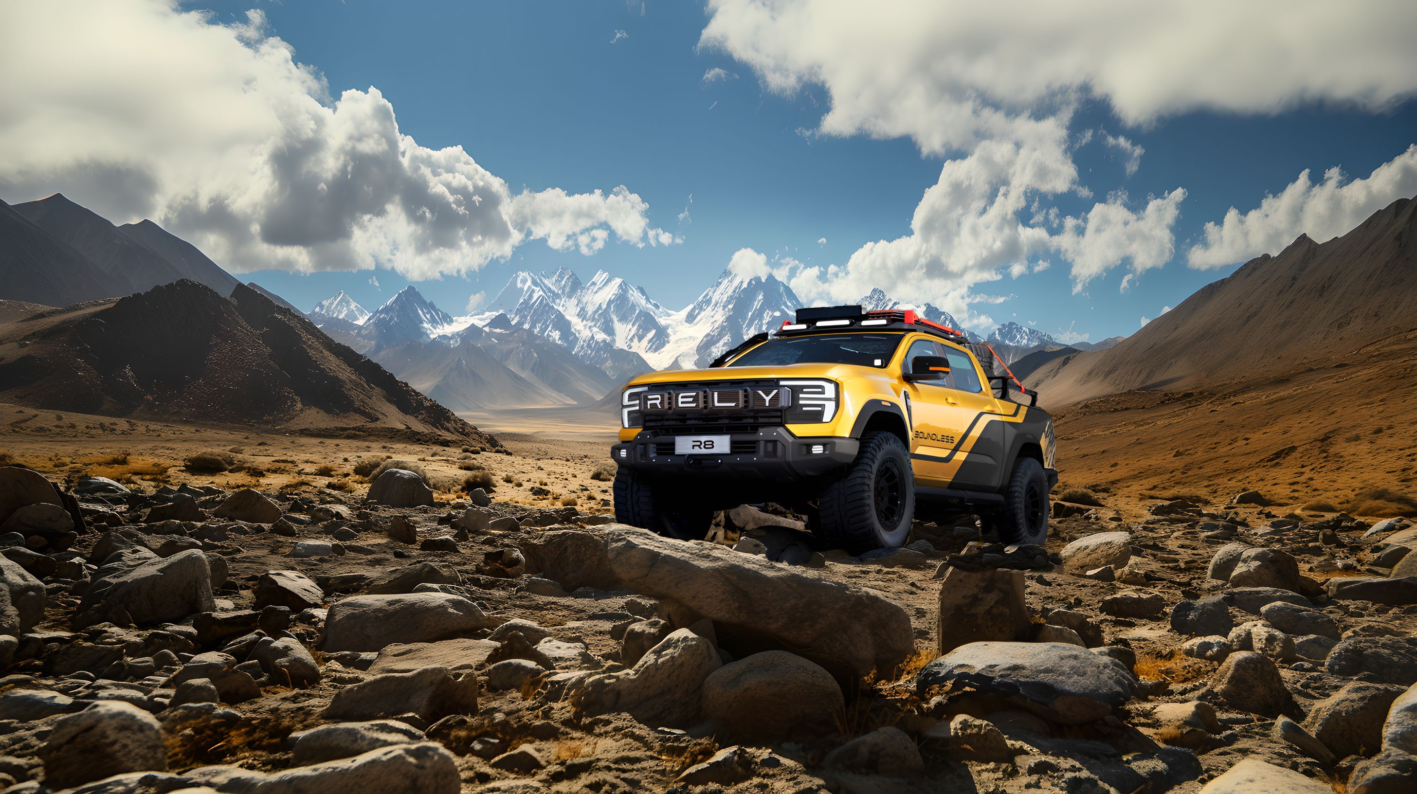 Yellow off-road truck navigating a rocky mountain trail under a dramatic cloudy sky.